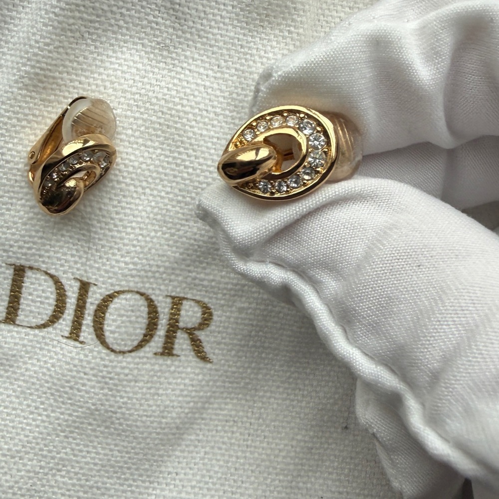 Dior Gold-Tone Crystal Knot Clip-On Earrings - Gold & White with Dust Bag.